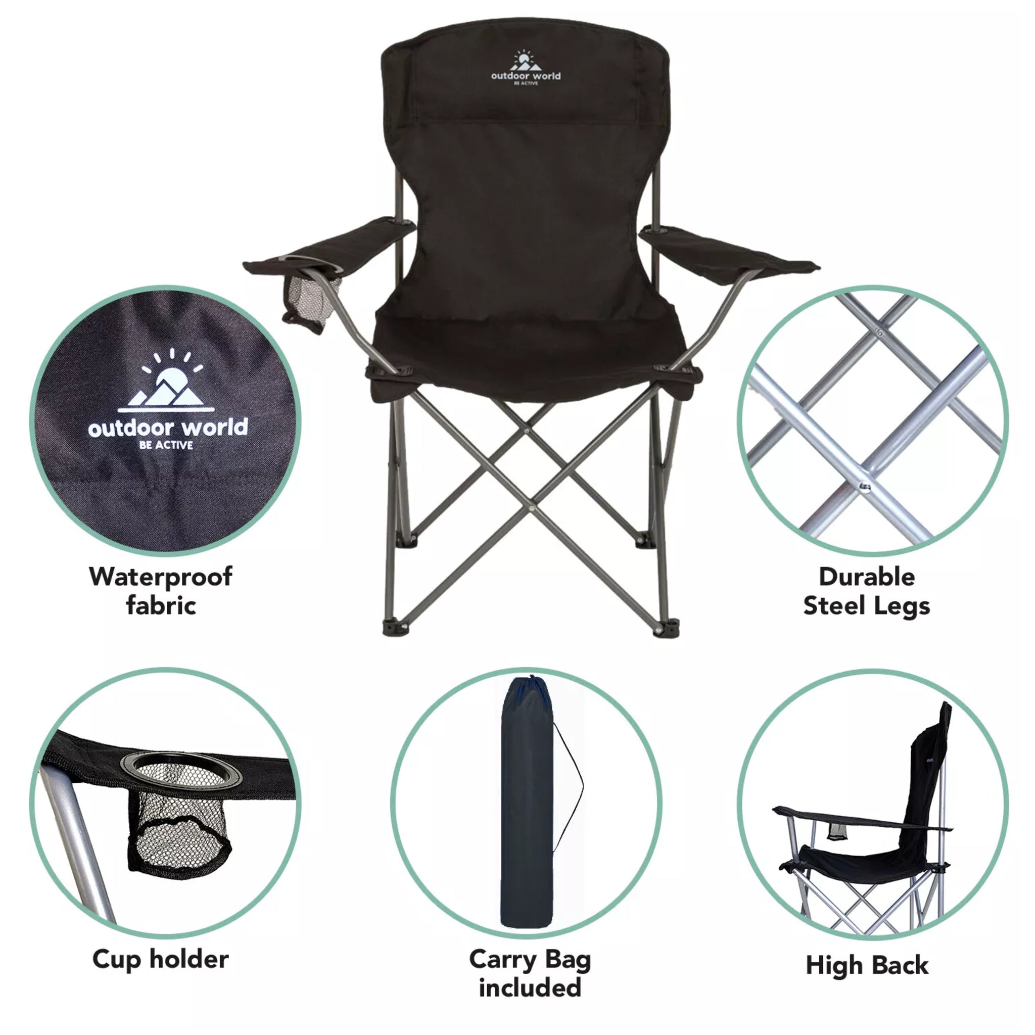 Black Outdoor World Folding Camping Chair with Cup Holder High Back Waterproof Fabric Durable Steel Legs and Carry Bag